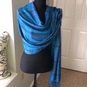 NWT Pashmina scarf or wrap in plaid Blue, red and black with fringe edging